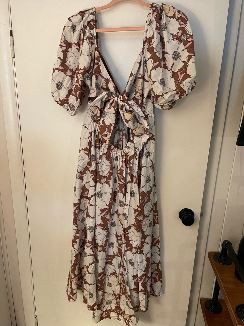 Abercrombie & Fitch Cream, Brown & Pink Floral Puff-Sleeve Midi Dress